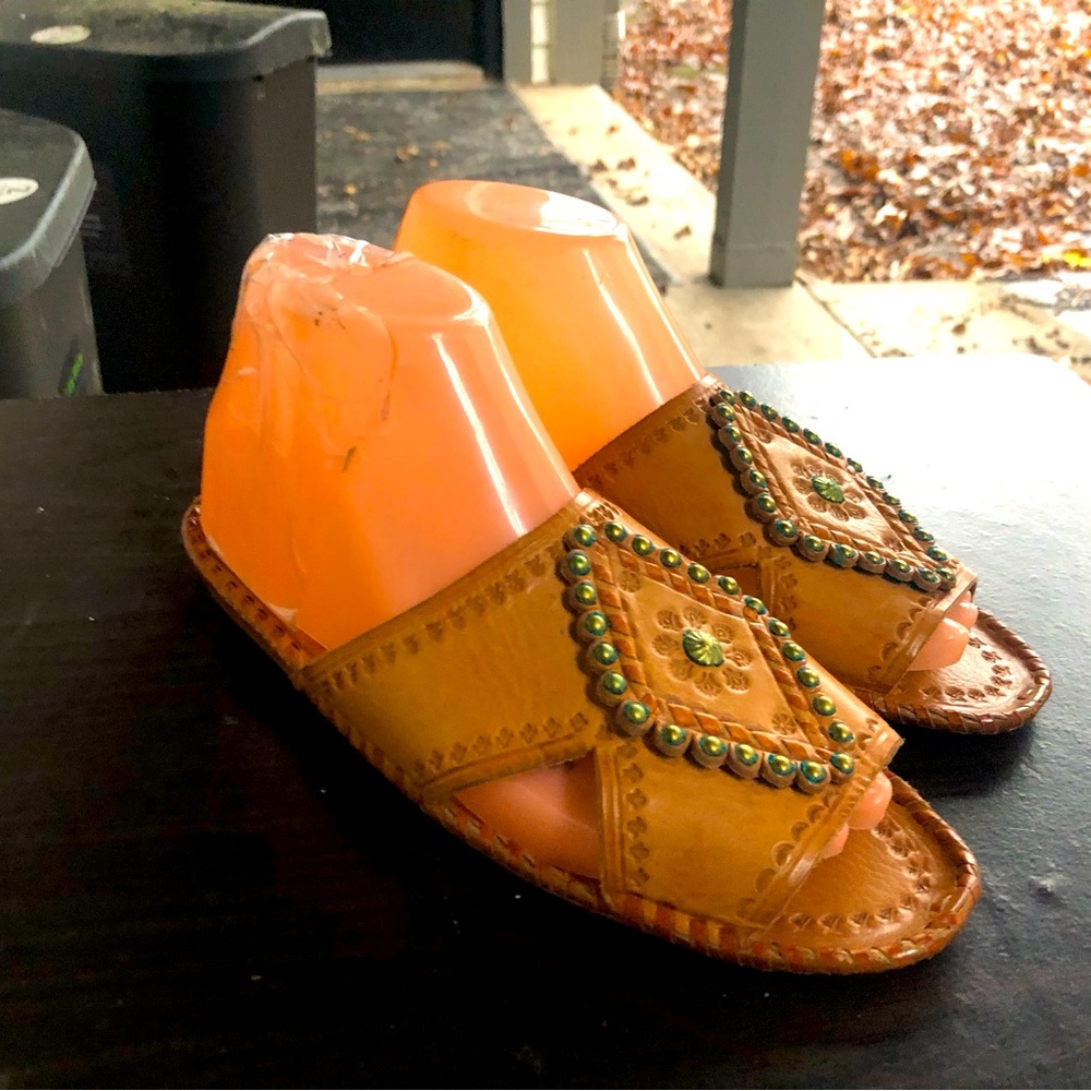 Vintage Pieniny Handcrafted Tan Genuine Leather Mules Slides Sandals Size 37/6.5